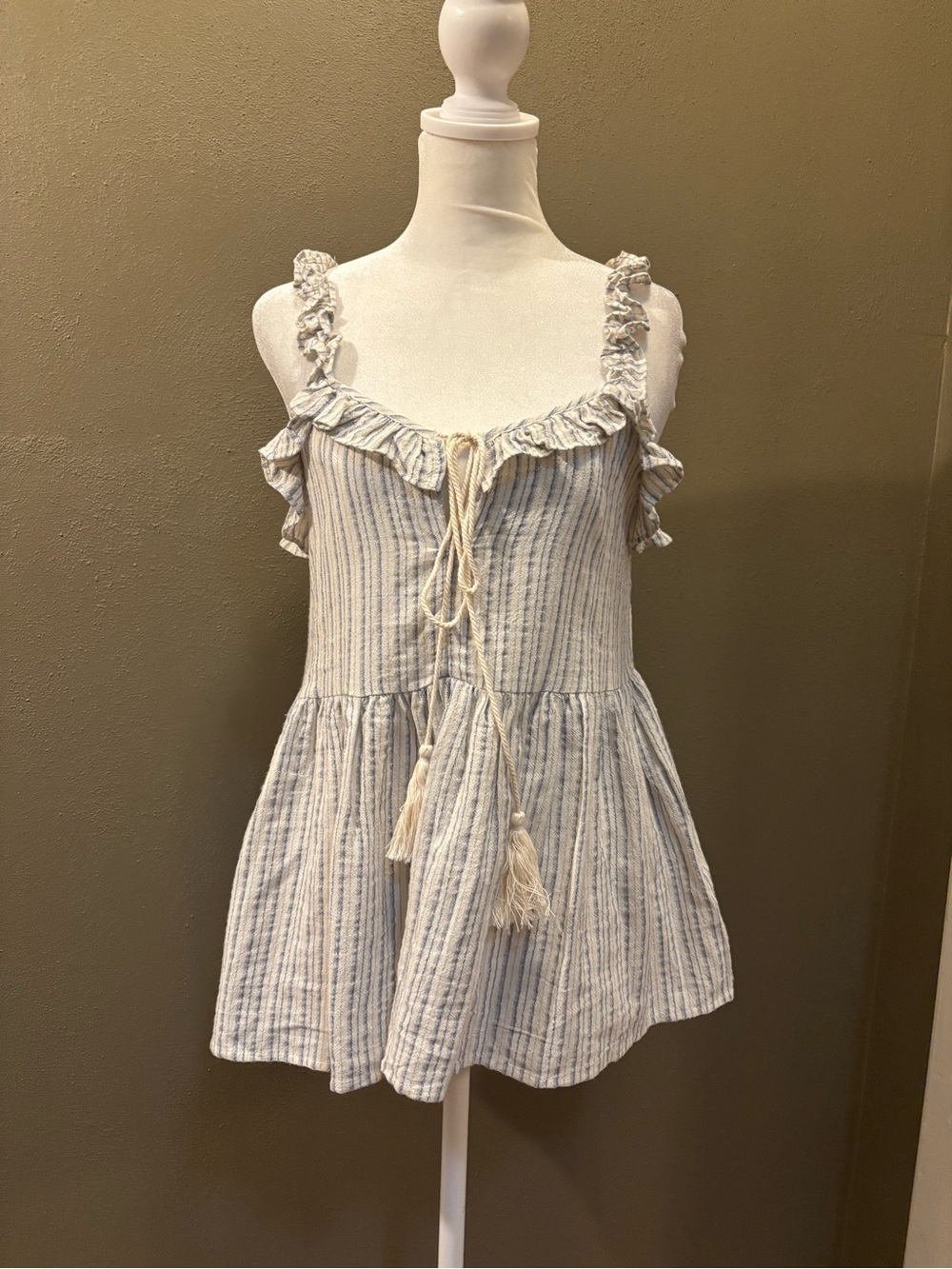 Hayden Cream and Blue Striped Ruffle Tie-Front Camisole